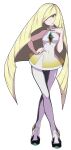  1girl absurdres bangs blonde_hair blush breasts closed_mouth commentary crossed_legs diamond_(shape) dress emerald_(gemstone) english_commentary full_body hair_over_one_eye high_heels highres leggings long_hair looking_at_viewer lusamine_(pokemon) oni-sanart pokemon pokemon_(game) pokemon_sm short_dress sleeveless sleeveless_dress smile solo standing very_long_hair white_dress white_legwear 