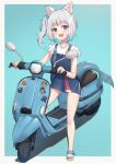  1girl :d animal_ear_fluff animal_ears bag blue_background blue_dress blue_eyes blue_hair blue_nails brown_footwear cat_ears commentary dress fish_tail full_body gawr_gura grey_hair ground_vehicle highres hololive hololive_english looking_at_viewer motor_vehicle motorcycle multicolored_hair open_mouth sandals shark_tail sharp_teeth shirt shoulder_bag side_ponytail sleeveless sleeveless_dress smile solo streaked_hair symbol_commentary tail teeth toenail_polish uneg virtual_youtuber white_shirt 