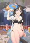  1girl animal_ear_fluff animal_ears bangs black_bra black_hair black_panties blue_eyes blush bra bracelet breasts cat_ears cat_tail cup fan highres jewelry long_hair looking_at_viewer medium_breasts mug navel nekoze_(s22834712) no_pants open_clothes open_mouth open_shirt original panties pillow shirt short_sleeves sitting solo sweat tail tu_ya_(nekoze) underwear white_shirt 