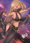  1girl :d absurdres armlet berotore blonde_hair bracelet breasts choker chromatic_aberration commentary_request dancer dark-skinned_female dark_elf dark_skin elf harem_pants highres hololive hololive_fantasy jewelry large_breasts long_hair looking_at_viewer mouth_veil navel open_mouth orange_eyes pants pointy_ears shawl shiranui_flare sky smile solo star_(sky) starry_sky virtual_youtuber 