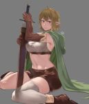  1girl bangs blonde_hair blue_eyes boots braid brown_footwear brown_gloves cape elbow_gloves full_body gloves green_cape grey_background hands_up highres holding holding_sword holding_weapon hood hood_down hun_yan looking_at_viewer midriff navel original pointy_ears short_hair simple_background single_thighhigh sitting smile solo sword thigh-highs weapon white_legwear 