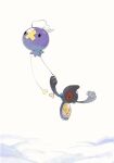  above_clouds arms_up black_eyes drifloon flying gen_4_pokemon gen_5_pokemon hanging highres looking_down no_humans pokemon pokemon_(creature) solid_oval_eyes symbol_commentary yamako_(ymk269) yamask 