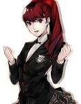  1girl bangs black_jacket black_neckwear bow bowtie buttons commentary english_commentary hair_between_eyes hair_bow highres jacket lips long_hair long_sleeves looking_at_viewer miniskirt open_mouth persona persona_5 persona_5_the_royal pertex_777 pink_lips pocket ponytail red_bow red_eyes redhead school_uniform shirt shuujin_academy_uniform simple_background skirt smile solo teeth uniform wavy_hair white_background white_shirt yoshizawa_kasumi 