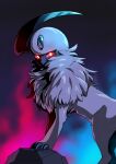  9gojonnybgo absol absurdres bright_pupils claws commentary_request from_side gen_3_pokemon glowing glowing_eyes highres looking_at_viewer no_humans pokemon pokemon_(creature) red_eyes rock solo white_fur white_pupils 
