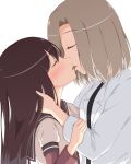  2girls black_hair blush closed_eyes eyebrows_visible_through_hair grey_hair highres kiss labcoat long_hair matsumoto_rise multiple_girls nanamori_school_uniform nishigaki_nana open_mouth saliva saliva_trail school_uniform shiny shiny_hair short_hair simple_background sweat upper_body white_background yuri yurikamome8160 yuru_yuri 