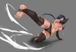  1girl bikini black_bikini black_hair black_legwear breasts covering_mouth elbow_gloves english_commentary fingerless_gloves gloves grey_background hun_yan kicking large_breasts long_hair navel original ponytail revision shadow simple_background solo swimsuit thigh-highs 