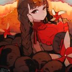  1girl bangs breasts brown_eyes brown_hair closed_mouth dress earrings eyebrows_visible_through_hair grey_dress jewelry long_hair looking_at_viewer looking_back maaru_(akira428) medium_breasts red_scarf scarf solo statue touhou yatadera_narumi 