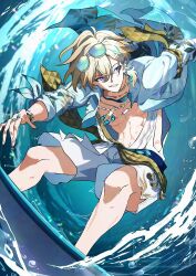  1boy abs absurdres aventurine_(honkai:_star_rail) aventurine_(waveflair)_(honkai:_star_rail) blonde_hair blue-tinted_eyewear bracelet commentary goggles goggles_on_head highres honkai:_star_rail honkai_(series) jewelry linea_alba linea_semilunaris male_swimwear multiple_necklaces necklace ocean official_alternate_costume open_clothes open_shirt pink_eyes pirohi_(pirohi214) ring solo surfboard surfing tinted_eyewear untranslatable_commentary water waves white_male_swimwear 