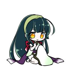  1girl :> absurdres ahoge blush_stickers chibi chibi_only closed_mouth edomura_niniko full_body green_hair green_hairband green_kimono hairband highres japanese_clothes kimono long_hair obi official_art purple_sash sash second-party_source sewing short_sleeves simple_background sitting smile socks solo touhoku_zunko transparent_background very_long_hair voiceroid white_socks 