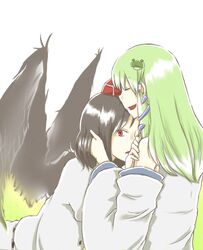  black_hair green_hair hat kochiya_sanae multiple_girls pasteltel red_eyes sasakame_(pasteltel) shameimaru_aya tokin_hat touhou wings yuri 