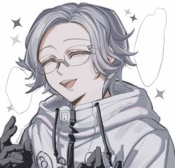  1boy :d ^_^ aotsuki_eito black_gloves closed_eyes commentary drawstring glasses gloves grey_hair highres jacket male_focus mau_(maizokin_mau) short_hair simple_background smile solo sparkle the_hundred_line_-last_defense_academy- twitter_username untranslatable_commentary upper_body white_background white_jacket 