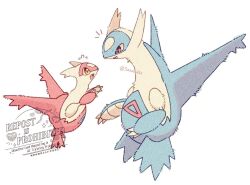  claws commentary_request dragon latias latios no_humans open_mouth pokemon pokemon_(creature) pokemon_focus red_eyes sana_(sanaa653) simple_background smile wings yellow_eyes 