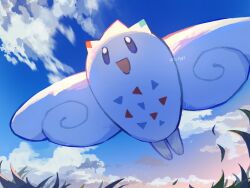  :d blue_eyes clouds cloudy_sky commentary dande_lion2604 flying grass no_humans open_mouth outdoors pokemon pokemon_(creature) pokemon_focus sky smile solo togekiss twitter_username untranslatable_commentary 