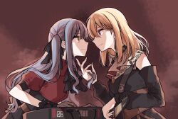  2girls bang_dream! bang_dream!_it's_mygo!!!!! black_corset black_dress black_ribbon blonde_hair blue_hair brown_corset clipe closed_mouth commentary_request corset doloris_(bang_dream!) dress electric_guitar eye_contact guitar guitar_strap hair_ribbon instrument keyboard_(instrument) long_hair looking_at_another misumi_uika multiple_girls oblivionis_(bang_dream!) one_eye_closed playing_instrument red_shirt ribbon shirt sidelocks togawa_sakiko two_side_up violet_eyes yellow_eyes yuri 