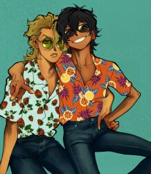  2boys absurdres alternate_costume aqua_background arm_around_shoulder batooo_j black_hair blonde_hair blue_pants blue_shirt cowboy_shot dark-skinned_male dark_skin denim floral_print floral_print_shirt food_print fruit_print glasses grin hair_between_eyes hand_on_another's_waist highres jeans jojo_no_kimyou_na_bouken lips looking_at_viewer male_focus multiple_boys narancia_ghirga orange_shirt pannacotta_fugo pants print_shirt shirt short_hair short_sleeves simple_background smile strawberry_print teeth vento_aureo yellow_nails 