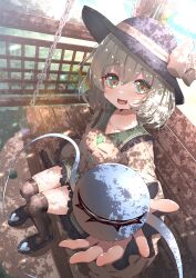  1girl absurdres black_hat black_shoes bow brown_thighhighs buttons collared_shirt commentary_request day dfra diamond_button disembodied_linked_eye eyeball fang frilled_shirt_collar frilled_sleeves frills green_eyes green_hair green_skirt hair_between_eyes hat hat_bow highres komeiji_koishi lens_flare long_sleeves looking_at_viewer medium_hair on_swing open_mouth red_pupils shirt shoes skin_fang skirt smile solo swing thigh-highs touhou wide_sleeves yellow_bow yellow_shirt 