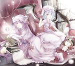  2girls bat_wings book bookshelf character_doll closed_eyes crescent demon_wings doll dress hair_ribbon hat hong_meiling knife multiple_girls patchouli_knowledge pillow purple_eyes purple_hair remilia_scarlet ribbon star touhou wings yashimaru 