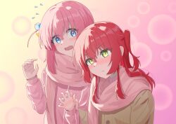  2girls absurdres blue_eyes blush bocchi_the_rock! brown_coat bubble_background chinese_commentary coat commentary_request cube_hair_ornament dot_nose flying_sweatdrops gotoh_hitori gradient_background green_eyes hair_ornament highres holding_hands kita_ikuyo long_hair looking_at_another matching_accessory mikang multiple_girls nose_blush one_side_up open_mouth partial_commentary pink_background pink_coat pink_hair pink_scarf red_hair scarf upper_body 