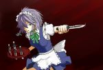  apron blue_eyes braid hair_over_one_eye hair_ribbon izayoi_sakuya knife maid maid_headdress nanao_udon ribbon short_hair solo touhou tray twin_braids 