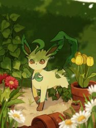  animal_focus brown_eyes bush closed_mouth commentary daisy_(flower) dande_lion2604 dirt dot_mouth flower grass hedge highres leaf_tail leafeon no_humans plant pokemon pokemon_(creature) potted_plant sunlight tulip twitter_username untranslatable_commentary vines 