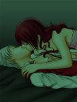  1girl artist_request closed_eyes couple kirijou_mitsuru kiss lying persona persona_3 red_hair redhead s-mikage sanada_akihiko towel undressing white_hair 