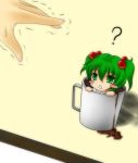  cup green_eyes green_hair hair_bobbles hair_ornament in_container in_cup kisume minigirl nue_(artist) short_hair so_moe_i'm_gonna_die! sweatdrop touhou trembling twintails 