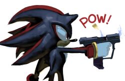  1boy animal_nose armlet black_fur bullet commentary english_commentary furry furry_male gloves gold_armlet gun halo_(series) handgun hedgehog_boy highres jewelry m6d red_eyes rythayze shadow_the_hedgehog shell_casing short_tail simple_background sonic_(series) striped_fur tail two-tone_fur weapon white_background white_gloves 