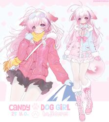  1girl animal_ear_fluff animal_ears antenna_hair artist_name asymmetrical_gloves bag blue_eyes blue_mittens blush boots bow bowtie braid breasts buttons center_frills coat commentary dog_ears dog_girl dog_tail english_text frills full_body fur-trimmed_boots fur-trimmed_coat fur_trim gloves goggles goggles_on_head hair_ears highres holding_snowboard knee_boots knees_together_feet_apart mismatched_gloves mittens multicolored_hair multiple_views original pantyhose pink_bow pink_bowtie pink_coat polka_dot polka_dot_background pyanyasha scarf shoulder_bag side_braids small_breasts snowboard snowflake_print split-color_clothes standing standing_on_one_leg tail two-tone_hair white_hair white_pantyhose winter_clothes winter_coat yellow_scarf 