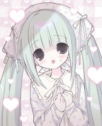 1girl absurdres blue_headscarf blue_shirt blunt_bangs blush brown_eyes checkered_background checkered_clothes clenched_hand collared_shirt commentary_request dot_nose glowing green_hair hands_on_own_chest head_tilt headscarf heart highres juju_(ccllrr) lace lace-trimmed_shirt lace_trim leaning_to_the_side neck_ribbon open_mouth original pink_background polka_dot_background polka_dot_headwear polka_dot_shirt ribbon sidelocks smile striped striped_background sweat tareme tongue twintails very_long_hair white_background white_headscarf white_ribbon white_shirt