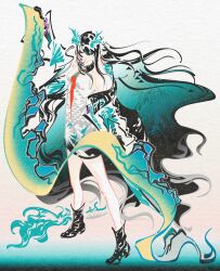  1girl absurdres aqua_background arknights bead_bracelet beads black_boots black_gloves black_hair black_jacket boots bracelet breasts chinese_commentary closed_eyes closed_mouth commentary_request dragon dragon_girl dragon_horns dragon_tail dress dusk_(arknights) earrings eastern_dragon eastern_dragon_horns eastern_dragon_tail expressionless fiery_tail fire flame-tipped_tail full_body gloves gradient_background green_hair green_horns green_jacket hair_spread_out highres holding holding_scroll horns jacket jewelry long_hair lyylinkong medium_breasts multicolored_jacket necktie off_shoulder open_clothes open_jacket patterned_hair pointy_ears prayer_beads red_necktie scroll short_dress simple_background sleeveless sleeveless_dress solo standing tail tassel tassel_earrings two-tone_jacket very_long_hair white_background white_dress 