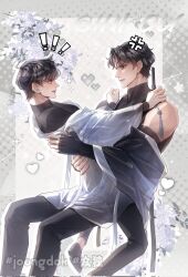  ! !! 2boys anger_vein black_gloves black_hair black_shirt coat commentary elbow_gloves english_commentary fingerless_gloves from_side full_body gloves hand_on_another's_back highres hikoumimi kim_dokja male_focus multiple_boys muscular muscular_male omniscient_reader's_viewpoint open_clothes open_coat shirt short_hair sitting sitting_on_lap sitting_on_person sleeveless sleeveless_shirt white_coat yoo_joonghyuk 