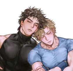  2boys battle_tendency blonde_hair blue_shirt brown_hair caesar_anthonio_zeppeli closed_eyes closed_mouth commentary_request covered_collarbone covered_pectorals crew_neck dyhfdhvdu_crypt facial_mark fingerless_gloves frown gloves head_rest jojo_no_kimyou_na_bouken joseph_joestar joseph_joestar_(young) leaning_on_person male_focus multiple_boys muscular muscular_male pectorals shirt short_hair short_sleeves simple_background skin_tight upper_body very_short_hair white_background 