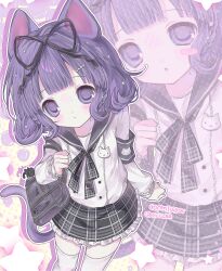1girl absurdres armband artist_request bag black_armband black_bag black_eyes black_ribbon black_sailor_collar black_skirt blunt_bangs blush blush_stickers cat cat_ears cat_girl cat_tail clenched_hand closed_mouth commentary_request commission cowboy_shot different_zoom_layer dot_nose frilled_skirt frills from_above glowing grey_ribbon hairclip half-closed_eyes handbag head_tilt highres holding holding_bag juju_(ccllrr) lace lace-trimmed_shirt lace-trimmed_sleeves lace_trim long_sleeves looking_at_viewer neck_ribbon original paw_print pin plaid plaid_ribbon plaid_skirt polka_dot polka_dot_background print_armband purple_background purple_eyes purple_hair purple_pupils ribbon sailor_collar school_uniform short_hair sidelocks simple_background skirt solid_circle_eyes solo star_(symbol) tareme thighs watermark white_armband white_sailor_collar white_shirt white_skirt white_thighhighs yellow_background zoom_layer