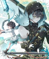  1boy absurdres age_comparison black_gloves black_hair black_hood black_shirt braid coin commentary elbow_gloves english_commentary gloves green_eyes hair_between_eyes heterochromia highres hina1103 holding holed_coin jingran_(wuthering_waves) long_hair looking_at_object male_focus multicolored_hair shirt smile streaked_hair tacet_mark_(wuthering_waves) white_shirt wuthering_waves yellow_eyes 