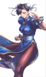  1girl black_hair blue_dress boots bracelet breasts brown_pantyhose bun_cover chinese_clothes chun-li clenched_hand double_bun dress earrings fighting_stance fingernails gold_trim hair_bun highres jewelry knee_boots large_breasts lips long_legs looking_at_viewer medium_breasts pantyhose parted_lips pelvic_curtain puffy_short_sleeves puffy_sleeves qipao sash shiny_clothes short_sleeves simple_background solo spiked_bracelet spikes street_fighter thighs tokiatm white_background 