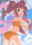  ass ball beachball bikini brown_hair cloud clouds green_eyes idolmaster loli long_hair looking_back nokia_(harusion) open_mouth petite scarf solo swimsuit takatsuki_yayoi young 