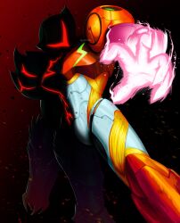  1girl armor artist_name assault_visor full_armor glowing_arm gradient_background highres issycake metroid metroid_ravenous metroid_suit multicolored_armor power_armor power_suit_(metroid) red_assault_visor samus_aran signature varia_suit 