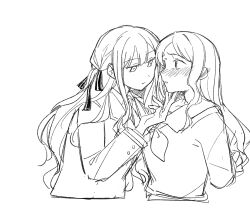 2girls arms_behind_back bang_dream! bang_dream!_it's_mygo!!!!! blazer blush closed_mouth cropped_torso ear_blush grabbing_another's_chin greyscale hair_ribbon hand_on_another's_chin haneoka_school_uniform highres jacket jenjen long_hair long_sleeves looking_at_another monochrome multiple_girls nagasaki_soyo neckerchief necktie parted_lips ribbon sailor_collar school_uniform serafuku shirt sidelocks sketch togawa_sakiko upper_body yuri 
