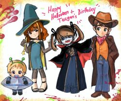  1boy 2girls 482egg aqua_dress baby bandana bandana_around_neck black_cape black_choker black_hairband black_ribbon blonde_hair blue_eyes blue_pants bra_strap braces brown_eyes brown_hair brown_jacket brown_shoes buck_teeth buckley_(482egg) cape child choker commentary cowboy cowboy_hat dress english_commentary fake_blood fake_fangs fangs fingerless_gloves flying_saucer flying_saucer_costume freckles full_body gloves green_eyes grey_leggings hair_ribbon hairband halloween hands_in_pockets happy_halloween hat holding holding_wand jacket leggings looking_at_another looking_to_the_side multiple_girls off_shoulder open_mouth orange_hair original pacifier pants red_bandana ribbon sandals sawyer_(482egg) shoes spacecraft star_(symbol) star_wand tareme teagan_(482egg) teeth thick_eyebrows twintails vampire_costume violet_eyes wand white_facepaint witch witch_hat 