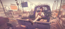  1girl absurdres black_shoes car chain-link_fence commentary error7401 fence flower highres holding holding_flower kei_truck lamppost long_hair looking_at_flowers motor_vehicle neckerchief on_car on_truck original outdoors pickup_truck purple_flower red_neckerchief road road_sign school_uniform serafuku shirt shoes sign sitting solo traffic_cone truck twintails utility_pole white_flower white_shirt 