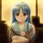  blue_hair blush book cosplay glasses idolmaster kisaragi_chihaya long_hair nagato_yuki nagato_yuki_(cosplay) nekota_nanami solo sunset suzumiya_haruhi_no_yuuutsu 