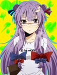  alternate_costume alternate_hairstyle arms_behind_back bespectacled book contemporary glasses long_hair no_hat no_headwear patchouli_knowledge purple_eyes purple_hair solo touhou violet_eyes waiko 