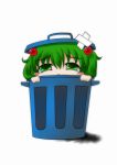  green_hair hair_bobbles hair_ornament in_container kisume nue_(artist) short_hair solo tears touhou trashcan twintails 