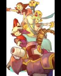  2boys 2girls armor blue_hair brown_hair commentary_request earrings forehead_jewel green_eyes green_hair group_picture helmet highres in-franchise_crossover jewelry long_hair maro_maronomaro mega_man_(series) mega_man_legends_(series) mega_man_x_(series) mega_man_zx model_w_(mega_man) multiple_boys multiple_girls pandora_(mega_man) parted_lips prometheus_(mega_man) purple_armor purple_helmet red_eyes servbot_(mega_man) shoulder_cannon simple_background skull_earrings smirk tron_bonne_(mega_man) vile_(mega_man) white_armor white_background white_helmet 