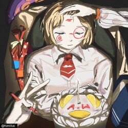  blonde_hair bow cake candle chair closed_eyes food fruit gift headpat highres hololive hololive_english komilius lemon lipstick_mark long_sleeves mori_calliope multiple_girls necktie ninomae_ina'nis pen red_necktie shirt short_hair takanashi_kiara tentacles v virtual_youtuber watson_amelia white_shirt 