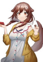  1girl :3 absurdres animal_ears bone_hair_ornament box braid breasts brown_eyes brown_hair brown_tail candy chocolate cine_(wazd0183) closed_mouth commentary_request cowboy_shot dog_ears dog_girl dog_tail dress floating_hair food hair_ornament heart heart-shaped_chocolate heart-shaped_food highres holding holding_box holding_food hololive inugami_korone inugami_korone_(1st_costume) jacket long_hair long_sleeves looking_at_viewer medium_breasts open_clothes open_jacket simple_background solo standing tail twin_braids valentine virtual_youtuber white_background white_dress yellow_jacket 