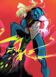  1girl absurdres alien arm_cannon armor blonde_hair commentary glowing_arm high_ponytail highres in_pand long_hair metroid metroid_ravenous missing_headwear multicolored_armor normal_suit_(metroid) ponytail power_armor power_suit_(metroid) red_background samus_aran simple_background weapon 