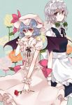  bat_wings blue_eyes blue_hair braid flower hat izayoi_sakuya maid multiple_girls pointy_ears red_eyes remilia_scarlet rose silver_hair touhou twin_braids wings yatosaki_haru 