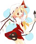  blonde_hair fang flandre_scarlet hat laevatein light_smile looking_at_viewer open_mouth red_eyes ribbon short_hair side_ponytail simple_background tachi_(piy0) touhou wings 