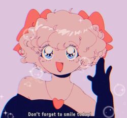  1980s_(style) 1girl :d black_dress black_gloves blonde_hair blue_eyes bow curly_hair dhyrbfyty dress english_text gloves hair_bow heart heart_necklace jewelry looking_at_viewer mole mole_under_eye necklace purple_background red_bow retro_artstyle roblox short_hair simple_background smile solo 